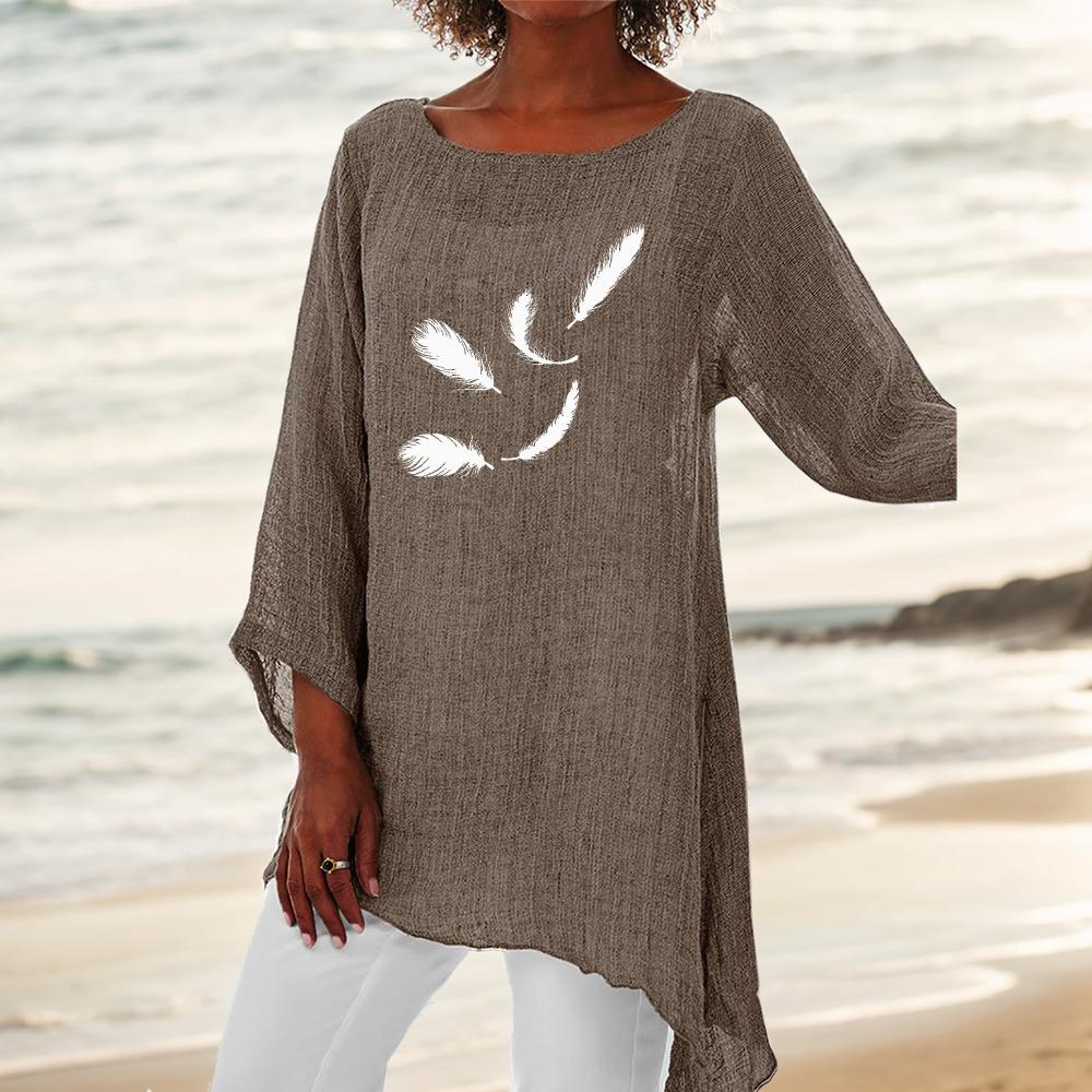 Women Fashion 3/4 Sleeve Top Round Neck Print Plus Size Blouse Thin Cotton Linen Shirt