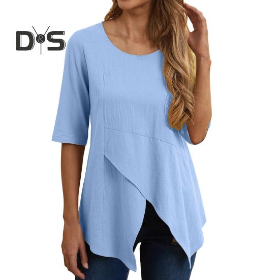 Женские топы с круглым вырезом, коротким рукавом, неровным подолом, свободный крой, однотонная повседневная футболка, повседневная одежда