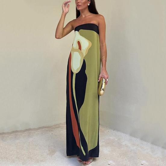 Women Maxi Dress Off Shoulder Sleeveless Backless Color Matching Print Slim Fit Straight Bandeau Anti-slip Prom