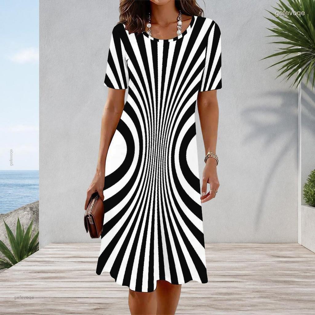 Women Plus Size Round Neck Short Sleeve Black White Printed A Line Dress