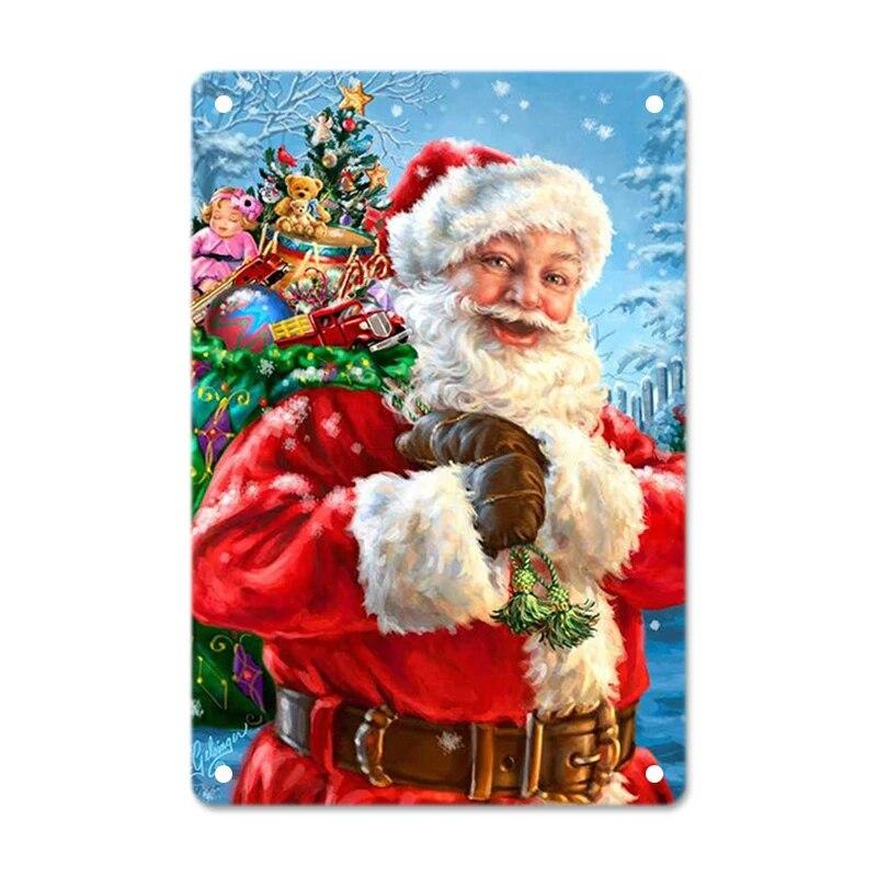 Merry Christmas Posters Tin Sign Cute Snowman and Santa Claus Metal Plaque Wall Art Decor Christmas Gift