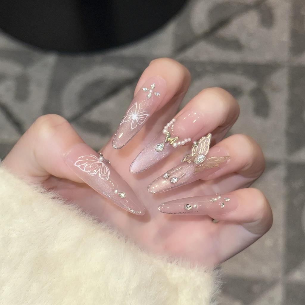 Wearing Long Nails, Handmade Fake Nails, Pink Cat Eye French Diamond Butterfly Nail Art