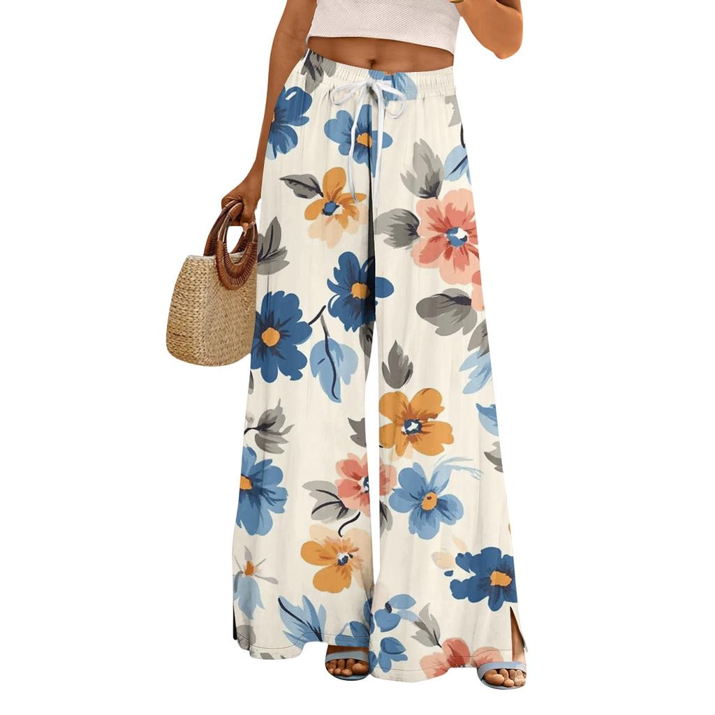 Женские брюки с принтом и широкими штанинами, с карманами, с высокой талией, на кулиске, свободные, повседневные