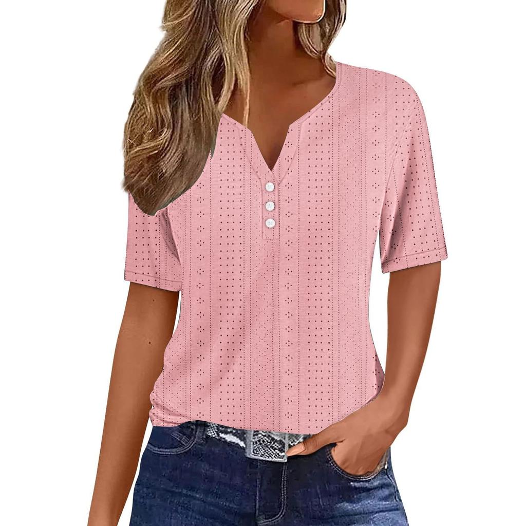 Women's T Shirt Tee Casual V-neck Short-sleeved T-shirt Solid Button Top