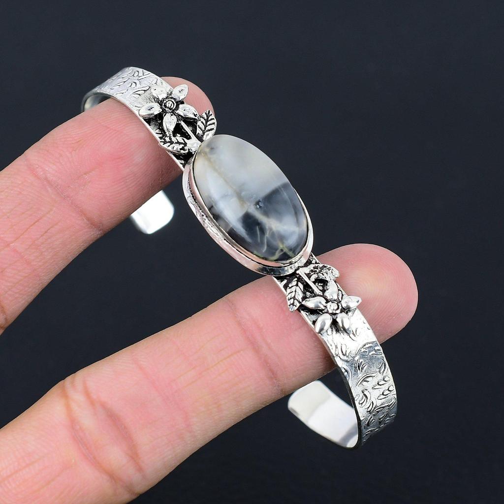 Daughters Day Deal Sterling Silver Fume Agate Gemstone Flower Bangle Bracelet