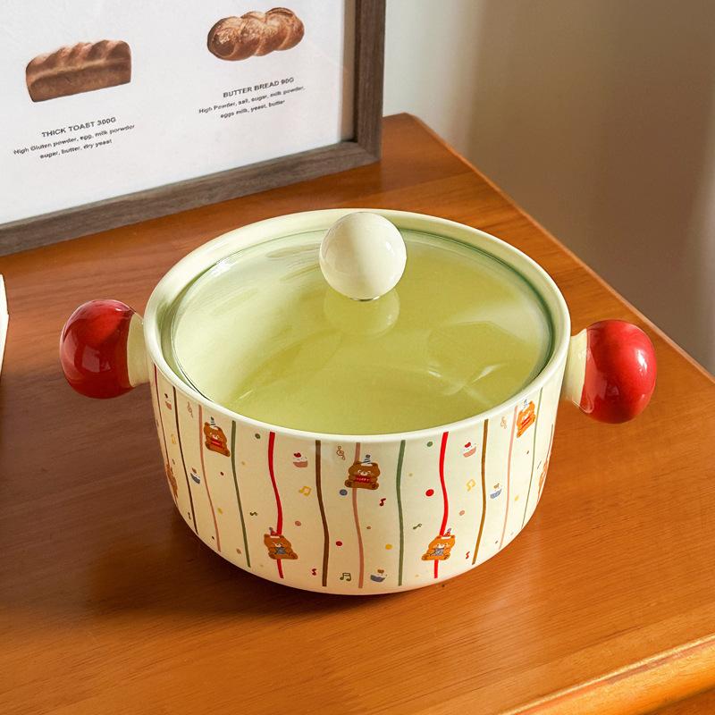 Ins мультяшная керамическая миска для лапши быстрого приготовления в горошек с крышкой, студенческое общежитие, миска для супа с улиткой, двуушная керамическая суповая миска, высококачественная посуда