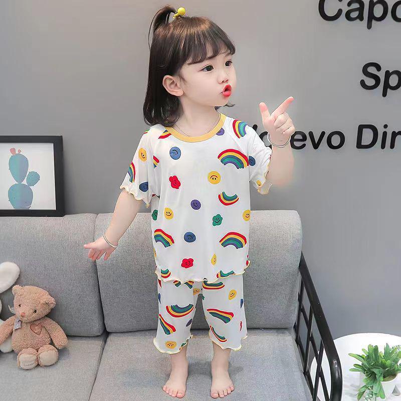 Ice Silk Soft Girls' Short-Sleeve Pajamas - Stylish Korean Summer Sleepwear for Babies