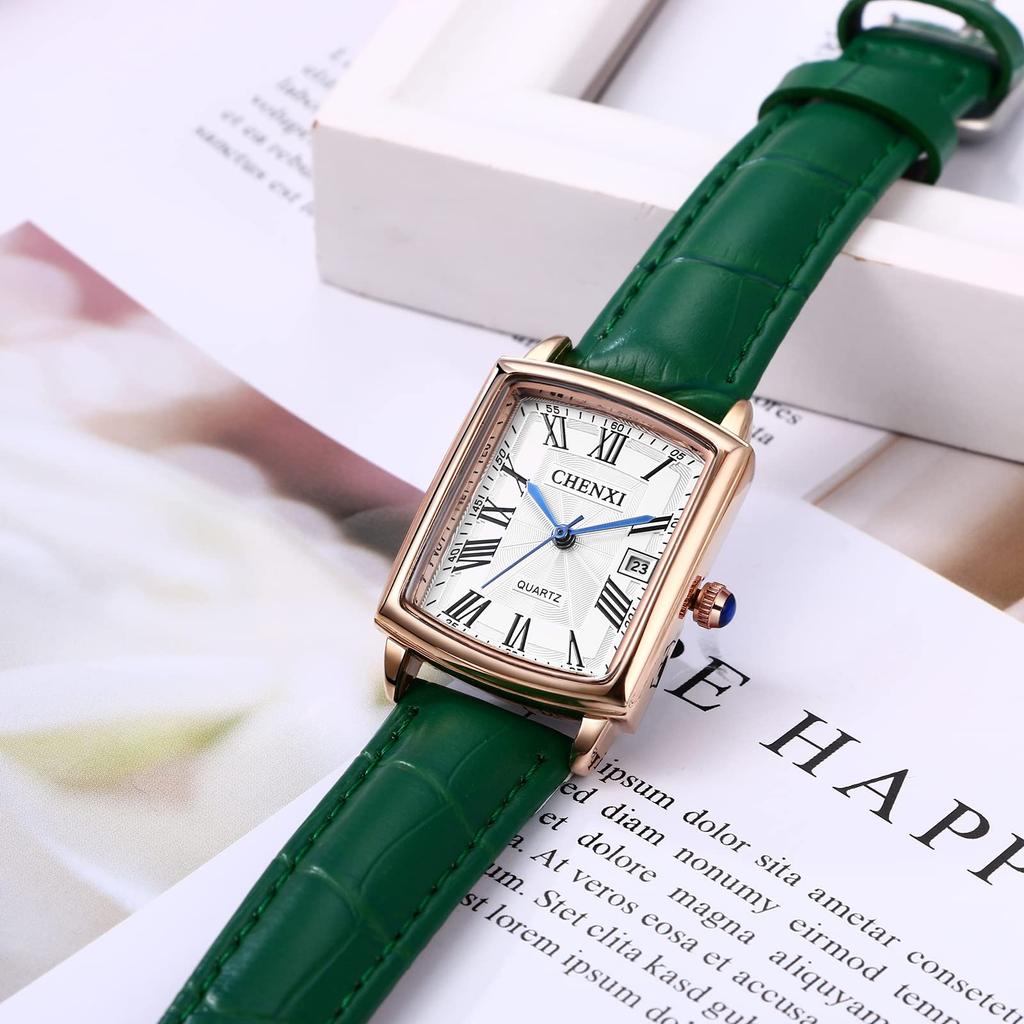 Часы из кожи с кожаным ремнем и римским алфавитом, аналоговый дисплей, календарь, 3ATM, водонепроницаемые, квадратные, популярные, антикварные, деловые, повседневные, зеленые, день рождения