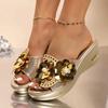 2025 New Plus Size Women's Peep-Toe Wedge Sandals Glitter Rhinestone Flower Embellished Slip-On Slippers Summer Casual Shoes