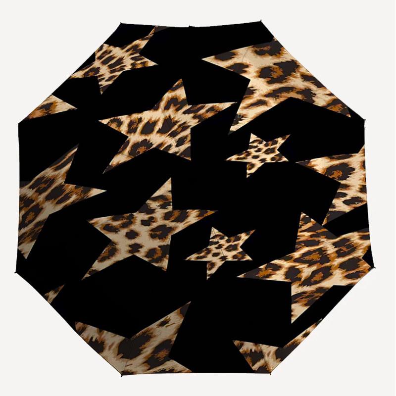 1PC Leopard Print Stars Umbrella-8-Rib Reinforced, Automatic Open, Lightweight & Durable, Cute Fashion Accessory for Outdoor, Beach or Casual Use, Bea