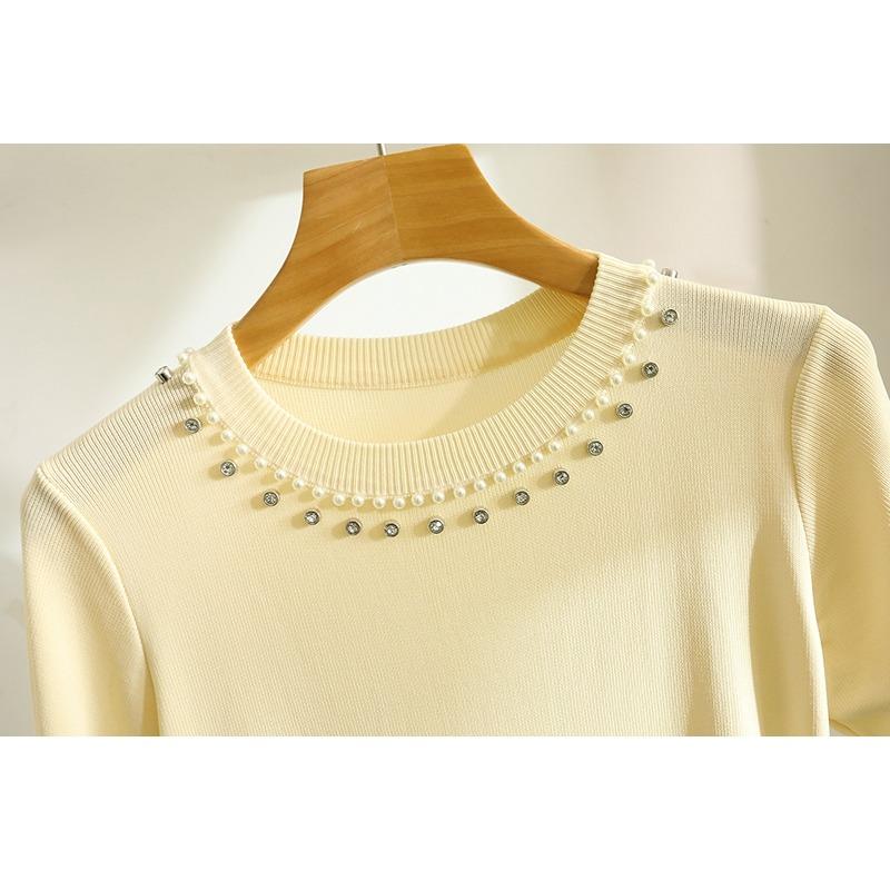Women's Summer Short Sleeve Knitted T-shirt New Fashion O Neck Beaded Knit Elegant Short Top Female Casual Simple Solid Color Ladies Tshirt 3112
