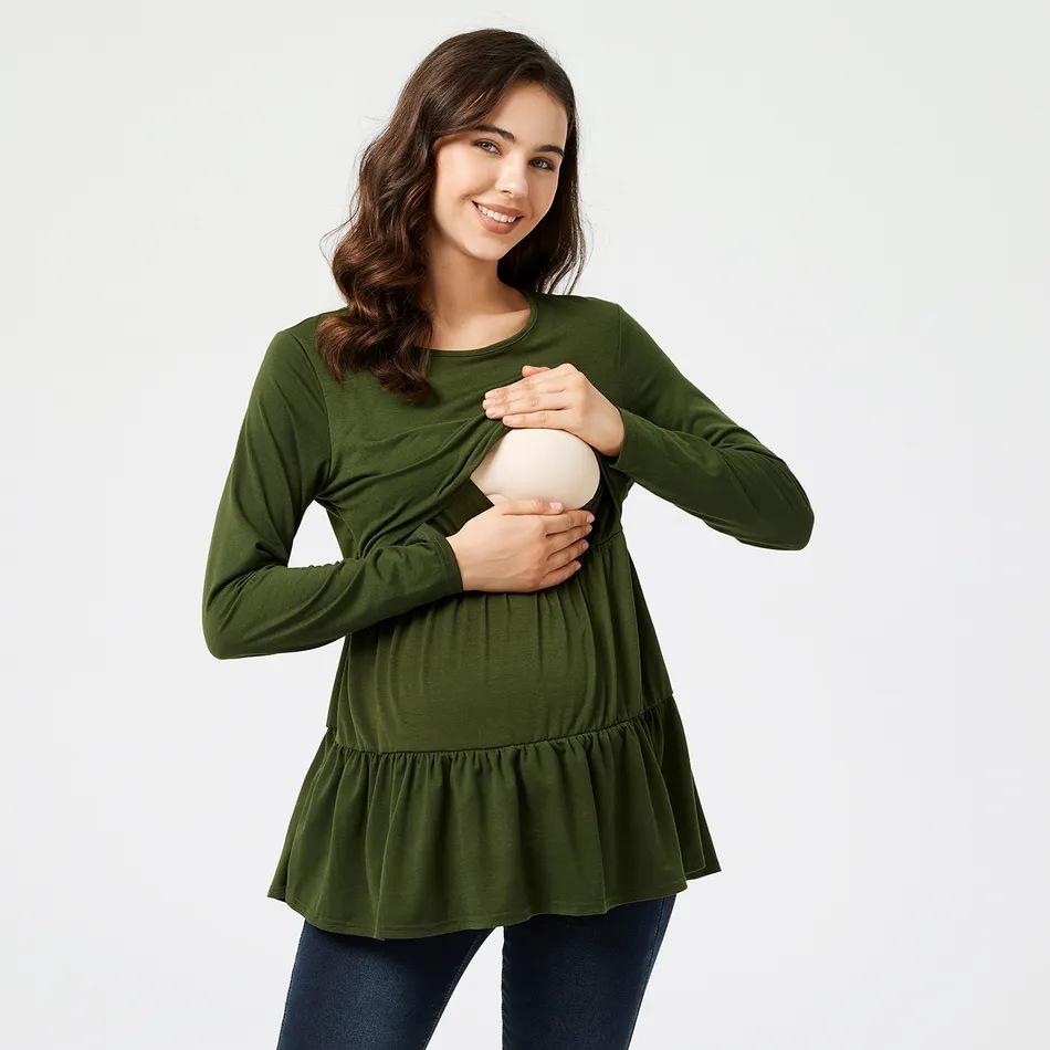 Fashionable Solid Color Round Neck Long Sleeved Pregnant Women's Clothing with Breastfeeding Top