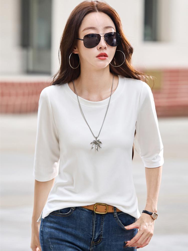 Summer T Shirt Women Cotton O-Neck Streetwear Tshirt Short Sleeve Solid Color Three Quarter Sleeve Tee Shirt Femme Sexy