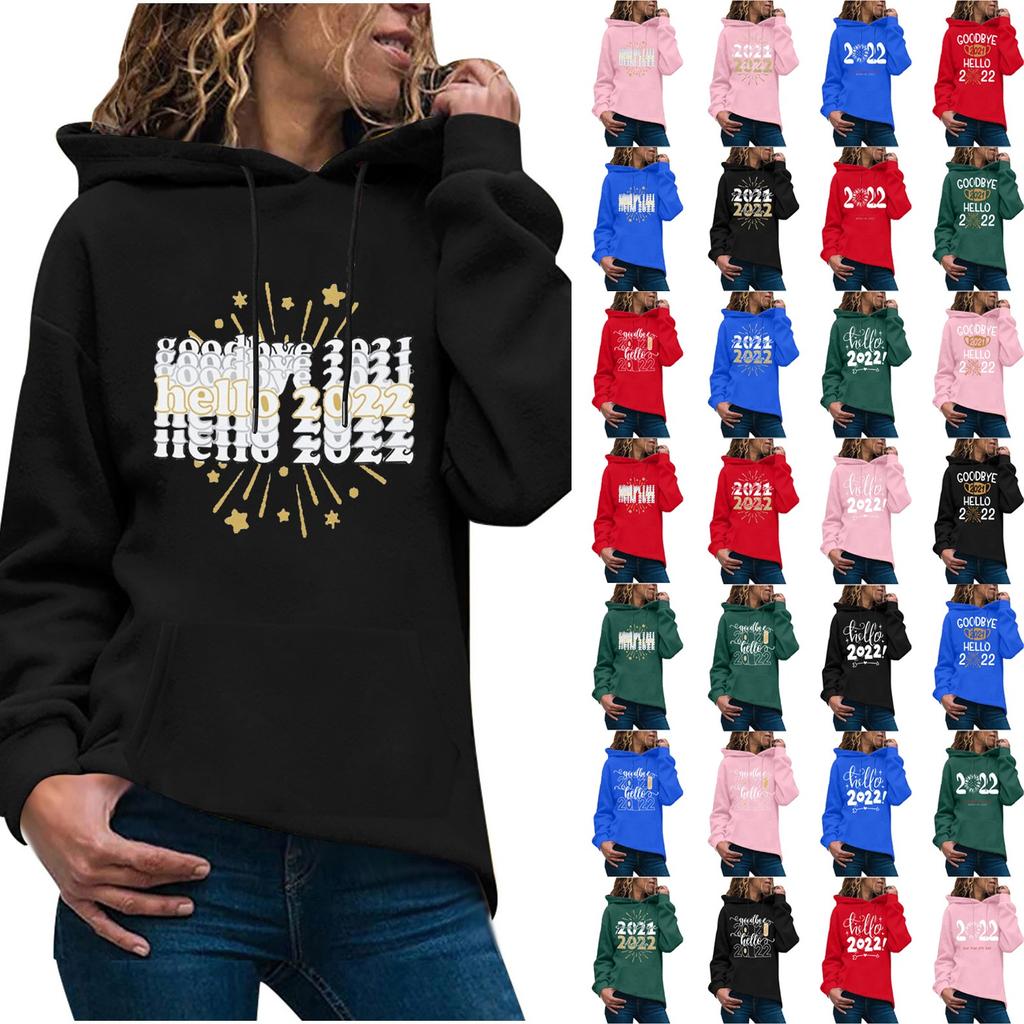 Women's Fashion Casual New Year Print Hooded Sweatshirt Loose Sports Pullover