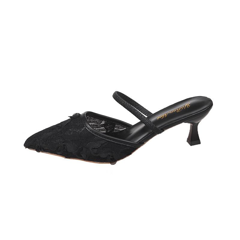 Женские туфли на высоком каблуке весна и лето 2025 новые французские с острым носком, на шпильке, с кружевом и сеткой, мюли