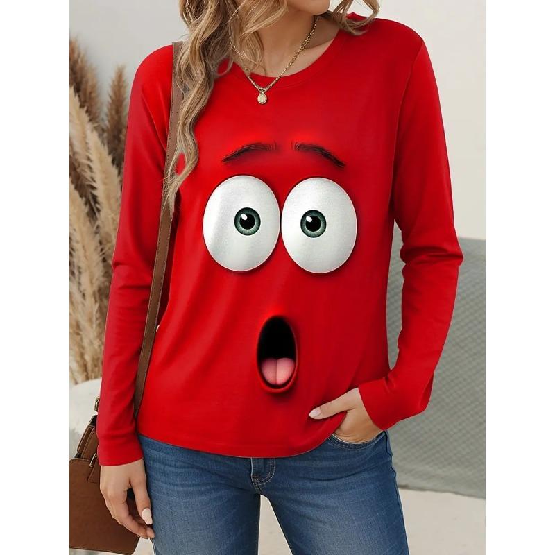 3D Топ с принтом забавного лица, повседневные женские футболки с длинным рукавом - Мягкая полиэстеровая ткань средней эластичности, одежда свободного кроя для весны и осени