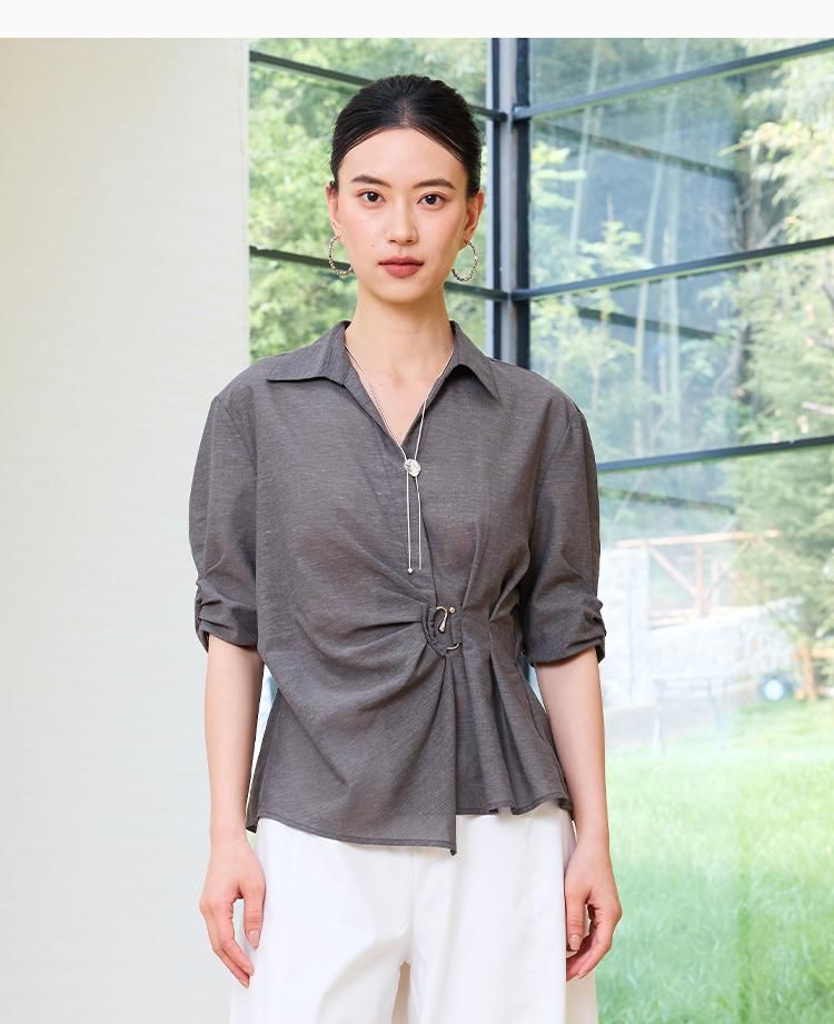 Design inspired waist slimming short-sleeved shirt for women in the summer of 2026, exuding a sense of luxury and temperament. Commuting collar top