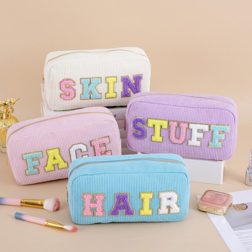 Women Girls Travel Corduroy Chenille Letters Patch Skincare Face Hair Stuff Makeup Cosmetic Bag for Daily Use