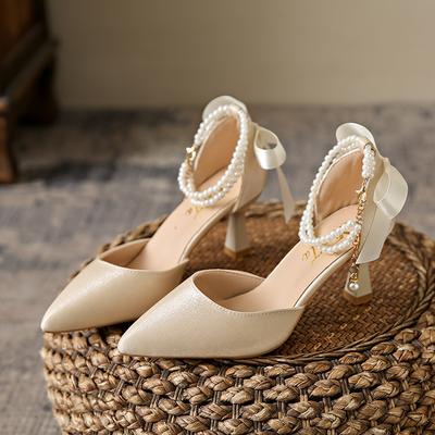 Модные Слимминг Обувь Повседневные Каблуки Сандалии с Мелким Вырезом Женские Туфли-Лодочки с Острым Носком Полые 2024 На Все Случаи Удобные Бежевые Африканский Бант на Носке