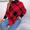 Women's Fashion Casual Fall Winter Plaid Print Long Sleeve High Neck Sweaters