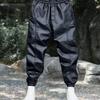 Men Pants Faux Leather Elastic Waist Windproof Waterproof Ankle-banded Patchwork Solid Color Loose Thick