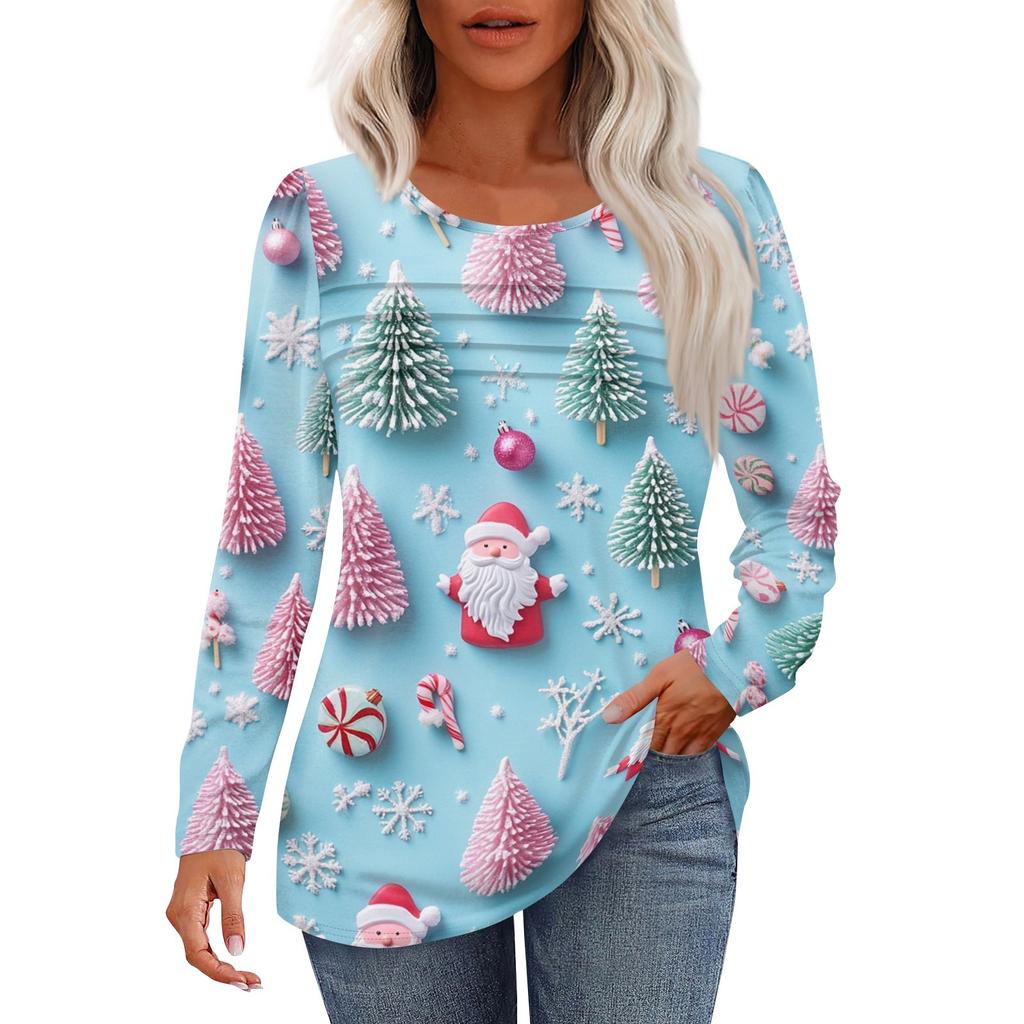 Женская повседневная мода рождественский принт круглый вырез плиссированный длинный рукав топ