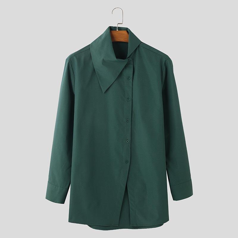 INCERUN Plus Size Men Irregular Neck Long Sleeve Oblique Buttons Splits Casual Shirts