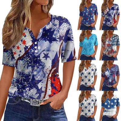 Жен. Футболка Футболка С принтом Пуговицы С короткими рукавами Повседневные Выходные Мода Классический V-образный вырез Обычный Верх