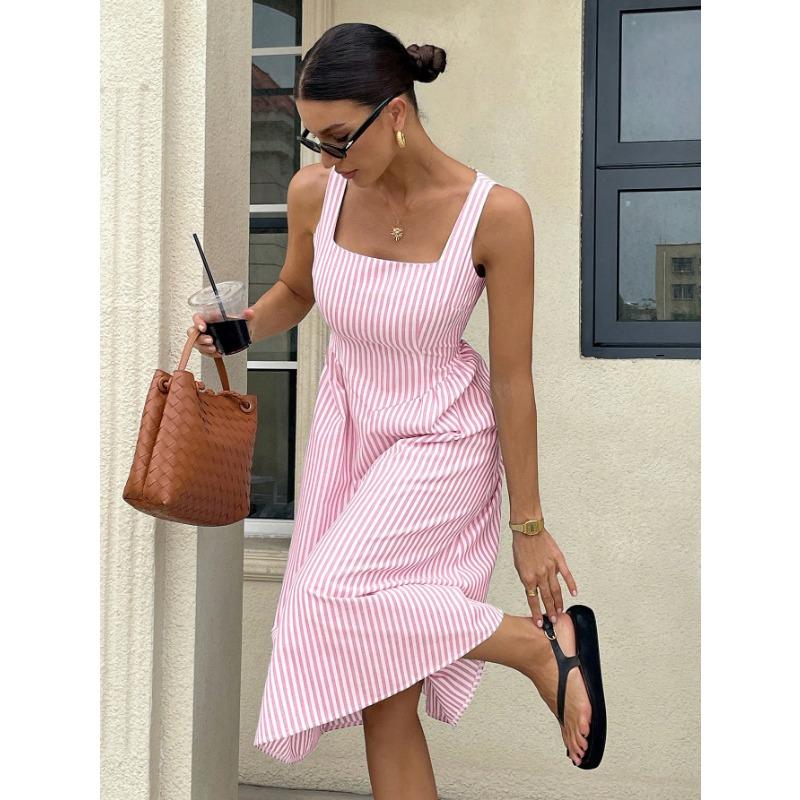 Women Casual Fashion Square Neck Sleeveless Color Block Striped High Waist Long Dress