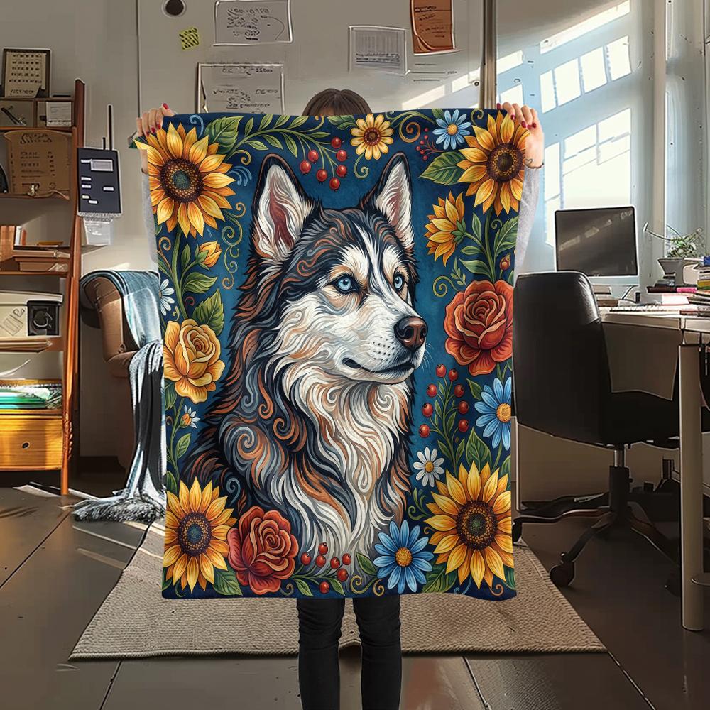 Sunflower flowers and puppies Print Flannel Blanket,High quality Comfortable for All Seasons,Home Decor,Warmth and Comfort,Perfect for Christmas Gifts