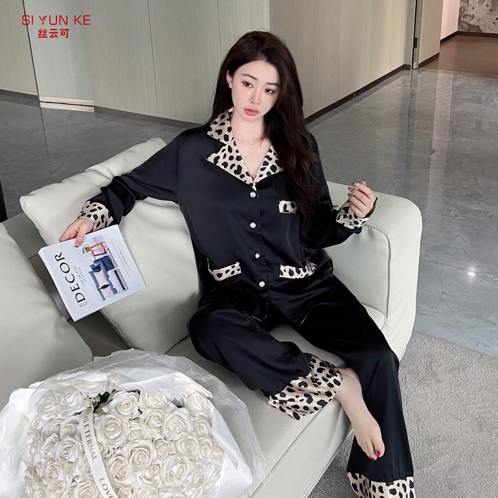 Spring and autumn new ice silk pajamas women's long-sleeved trousers thin high-end black leopard print splicing simulation silk set