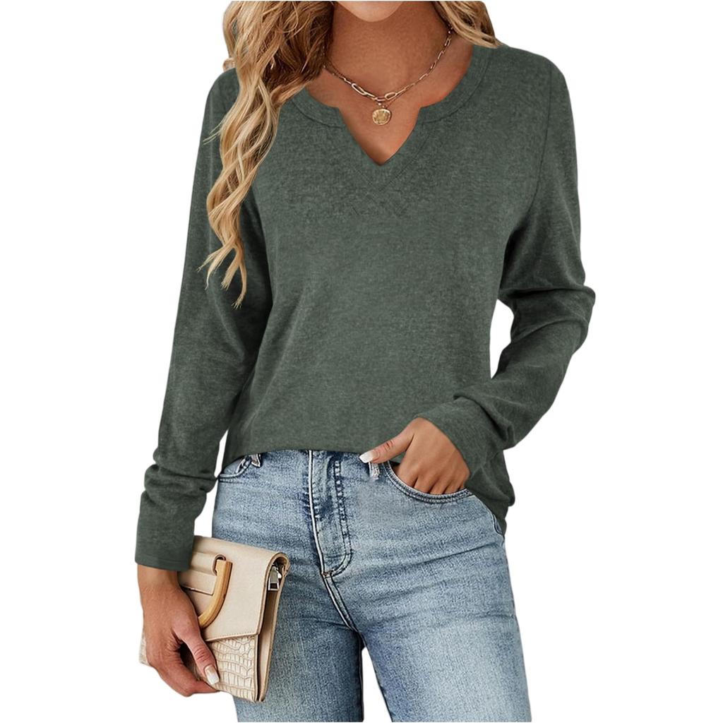 Женская модная повседневная футболка с V-образным вырезом, цветная, хлопковая, однотонная, с длинным рукавом, свободного кроя