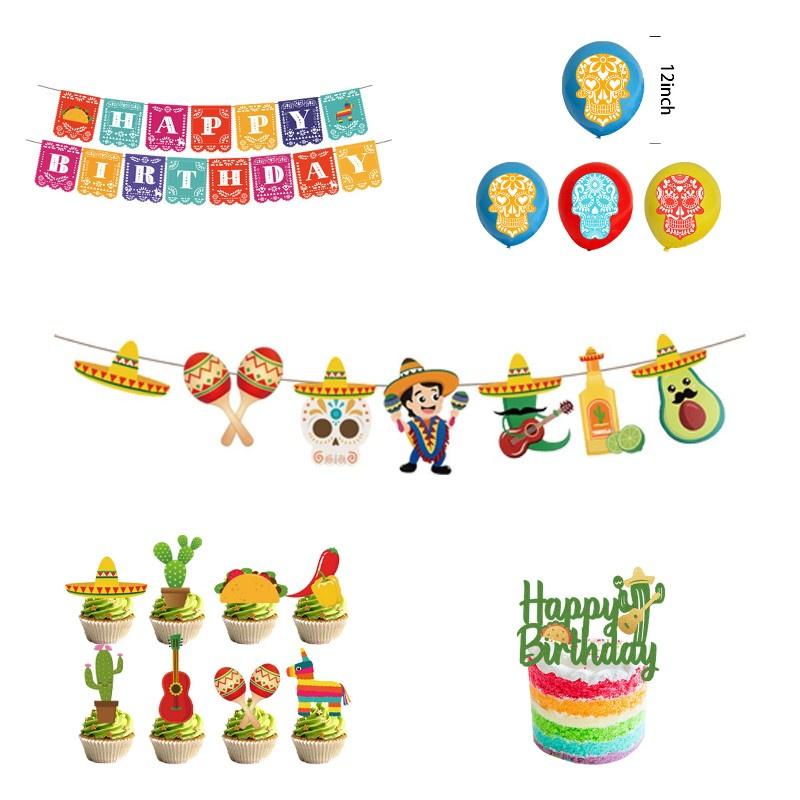 Вдохновленные Мексикой товары для вечеринки для детского Хэллоуина. Украсьте жуткими топперами для торта, баннерами и воздушными шарами.