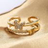 24K Gold Plated Double Layer Butterfly Ring - Fashionable Open Design for Women, Featuring Full Diamond Accents, Trendy Japanese & Korean Style.