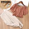 Костюмы для девочек, летние детские корейские версии тонкого однотонного модного костюма-двойки с короткими рукавами