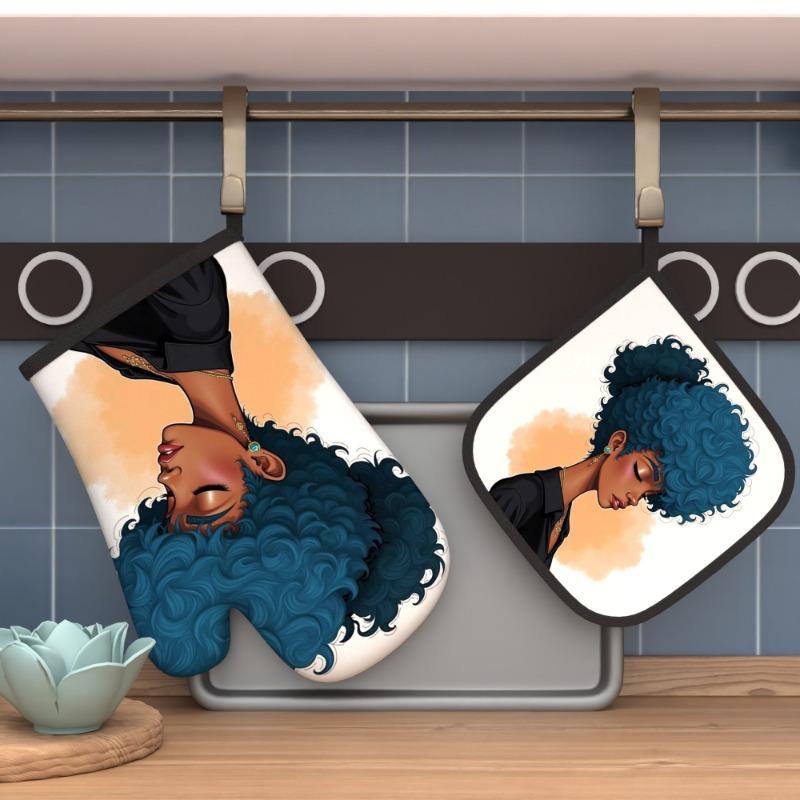 2PS 10.6*6.7 Inch Oven Mitt2PS And Pot Holder2PS Dark 2PSkin Woman Blue Afro Watercolor 2PStyle Hea