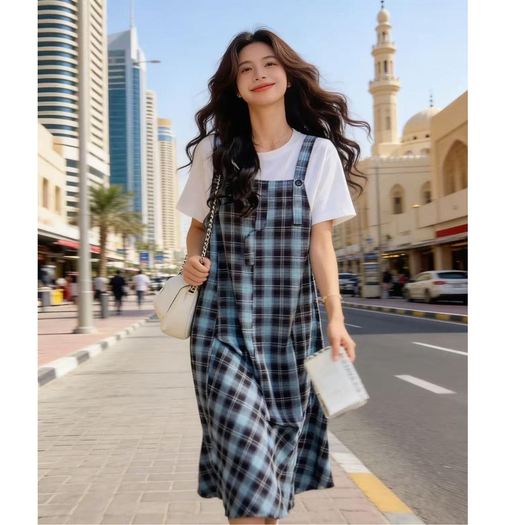 Korean casual plaid dress early autumn new high-end temperament loose fake two-piece long dress women's clothing