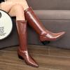 Кожаные массивные женские высокие сапоги с острым носком, ретро-ботинки на среднем каблуке до колена, модные классические туфли-лодочки 2025 года, ботфорты Chelsea Botas De Mujer