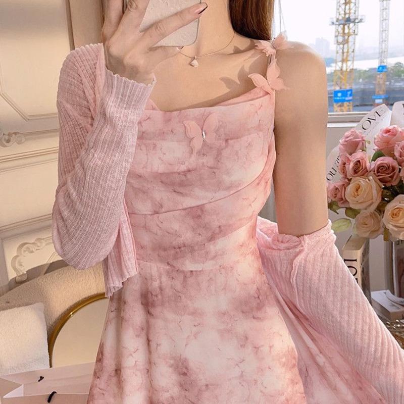 Летнее новое платье с вырезом на плече, на бретелях, элегантное платье без рукавов, женское милое платье макси с бабочками, однотонный кардиган в рубчик