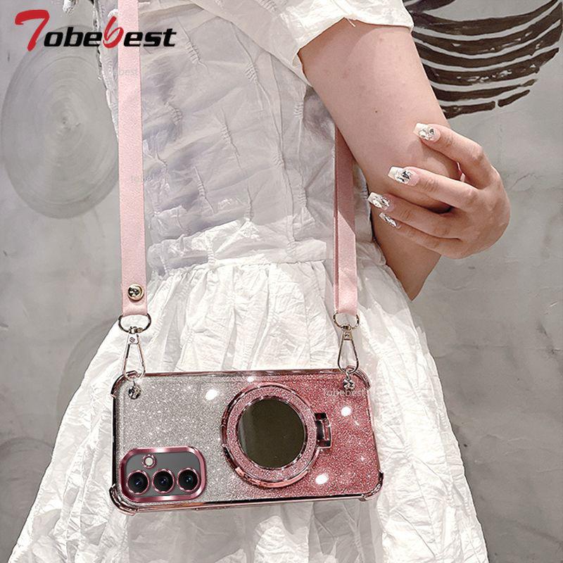 For Samsung Galaxy A16 A26 A36 A56 A06 A15 A25 A35 A55 A14 A24 A34 A54 4G 5G Case Crossbody Lanyard Plating Mirror Holder Cover