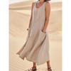 Vintage Sleeveless Tank Dress Women Elegant Round Neck Solid Cotton Linen Vestidos Summer Casual Loose Pockets Long Dresses