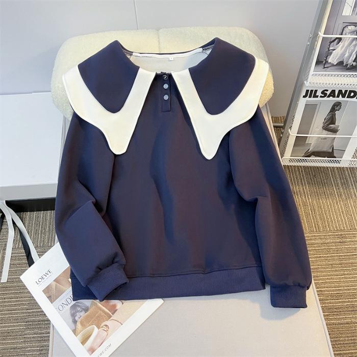 Свободный свитер в корейском стиле с воротником в виде листьев лотоса и пуговицами 2024 года — модный универсальный женский дизайн.