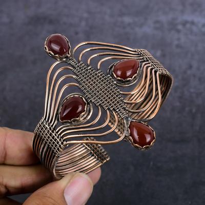 Браслет-манжета из натурального драгоценного камня сердолик ручной работы из медной проволоки, регулируемый F1m77