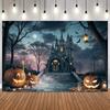 Background Halloween for Photography Night Dark Forest Castle Full Moon Pumpkin Lantern Bat Family Friends Party Photo Backdrops7