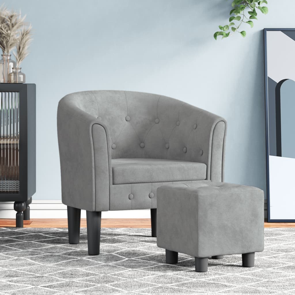 Club Chair with Footstool Light Grey Velvet