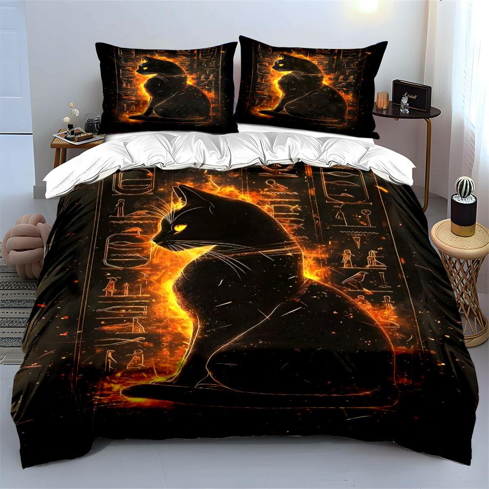 Black cat, fiery hieroglyphs. Bedding sets Duvet cover sets Duvet covers Pillowcases(1 * Duvet Cover 2 * Pillowcases without duvet insert)