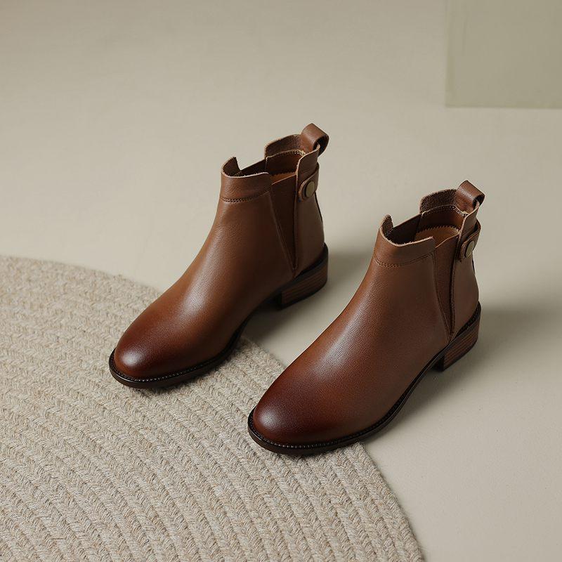 Осенне-зимние кожаные туфли с круглым носком, металлические застежки, большой размер, толстый каблук, без застежек, женские ботинки «Челси»