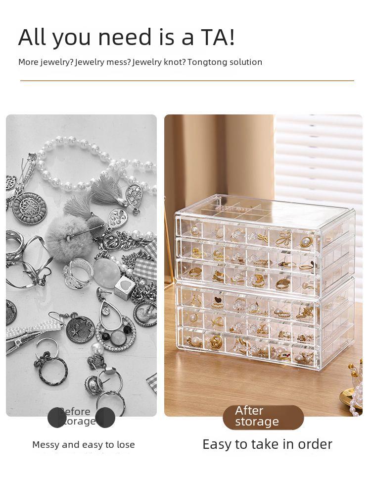 Прозрачная многослойная шкатулка для хранения украшений с ящиками для колец, сережек, ожерелий и браслетов