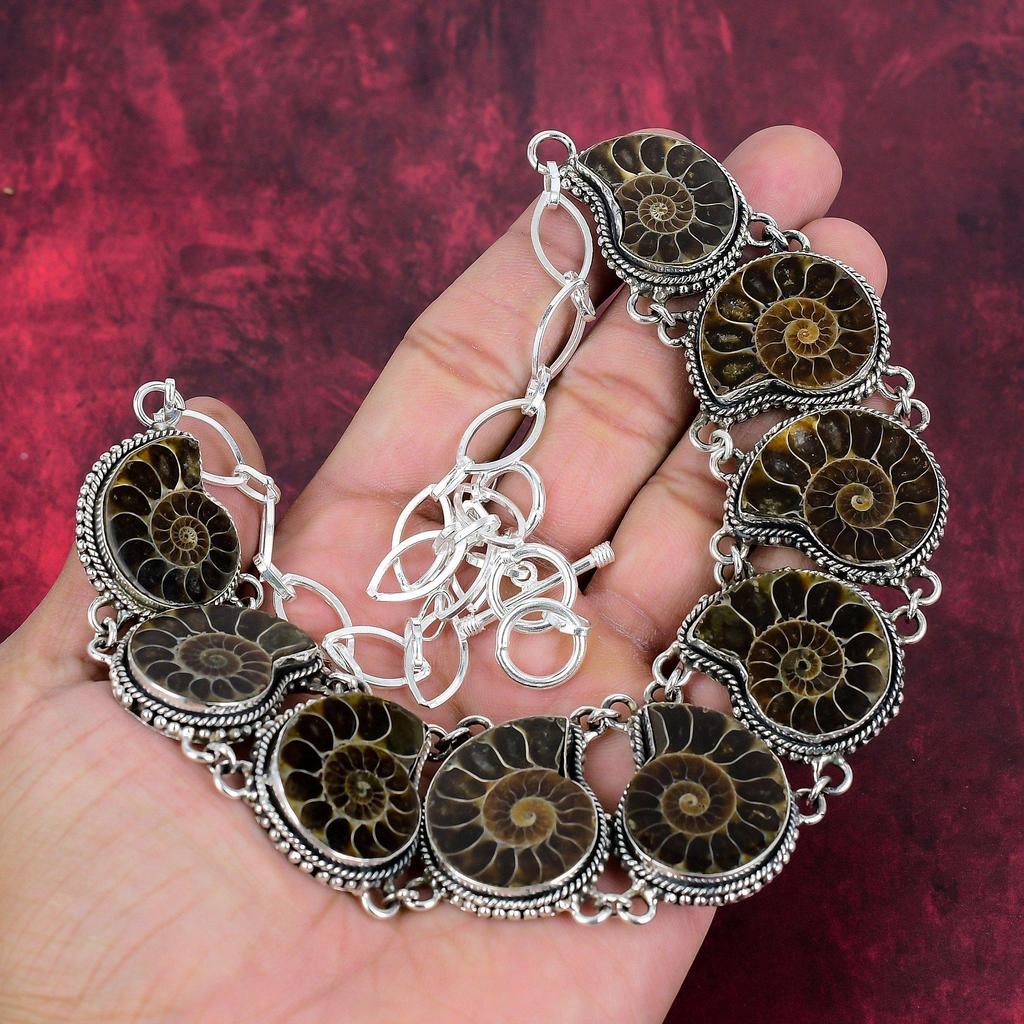 Ammonite Fossil 925 Solid Sterling Silver Necklace with Adjustable Chain, Handmade Gemstone Jewelry Necklace For Memorial Day