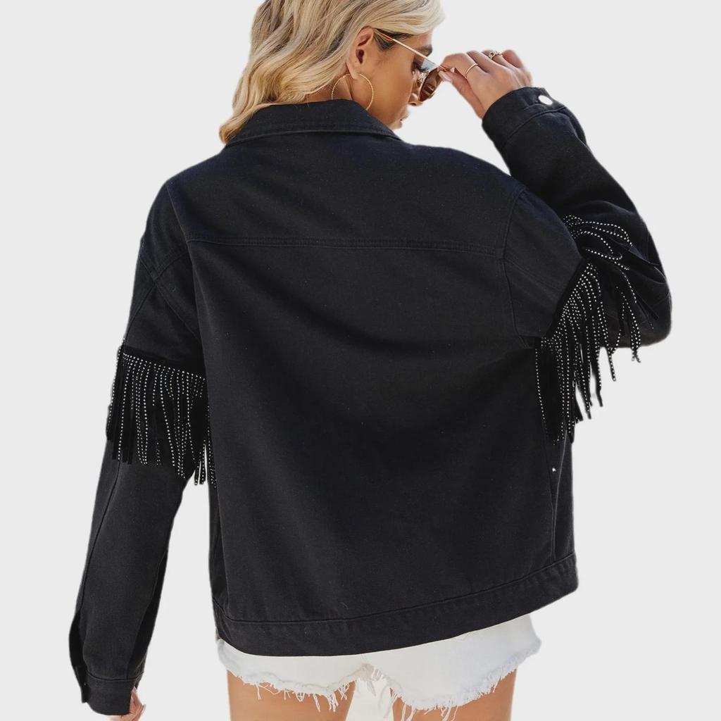 2024 Spring Women's Black Denim Jacket with Rivet & Tassel Details